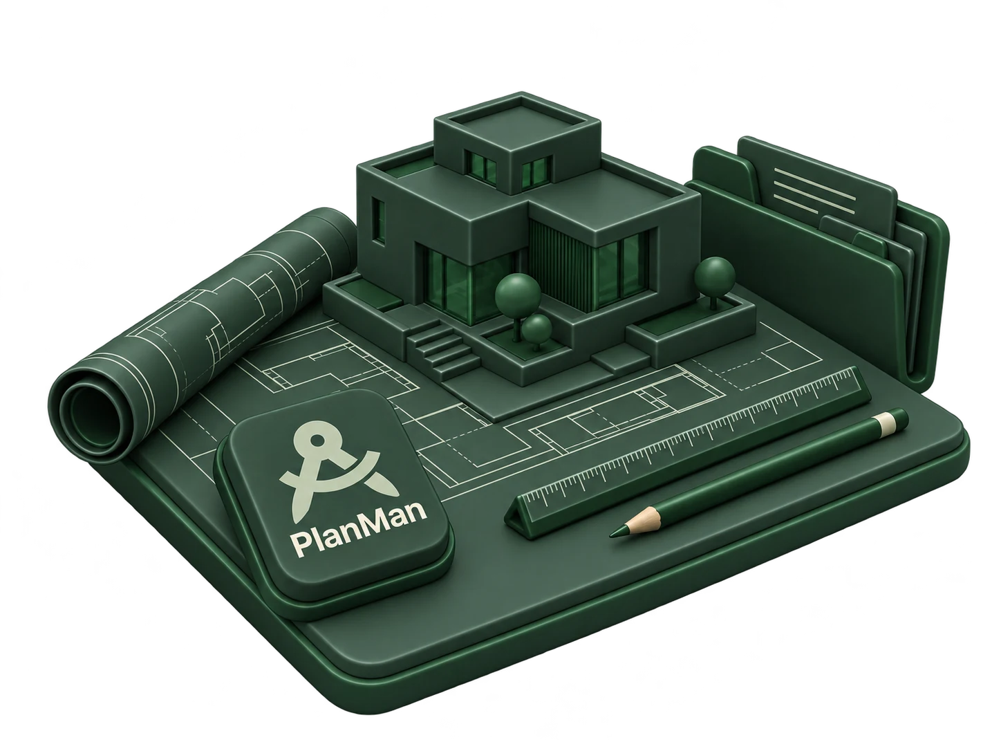 Architectural model, drawings, project folder and drafting tools with PlanMan branding