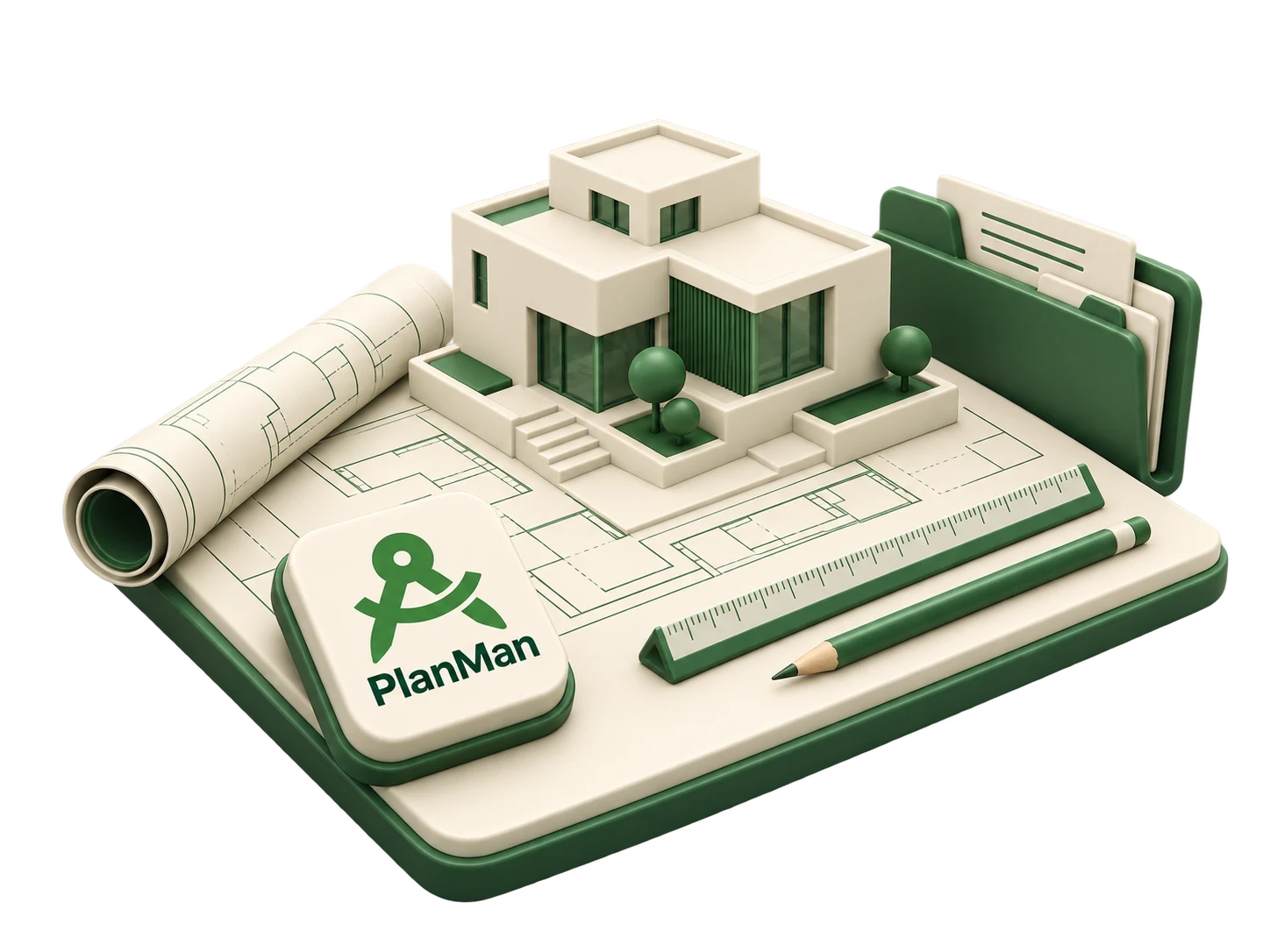 Architectural model, drawings, project folder and drafting tools with PlanMan branding