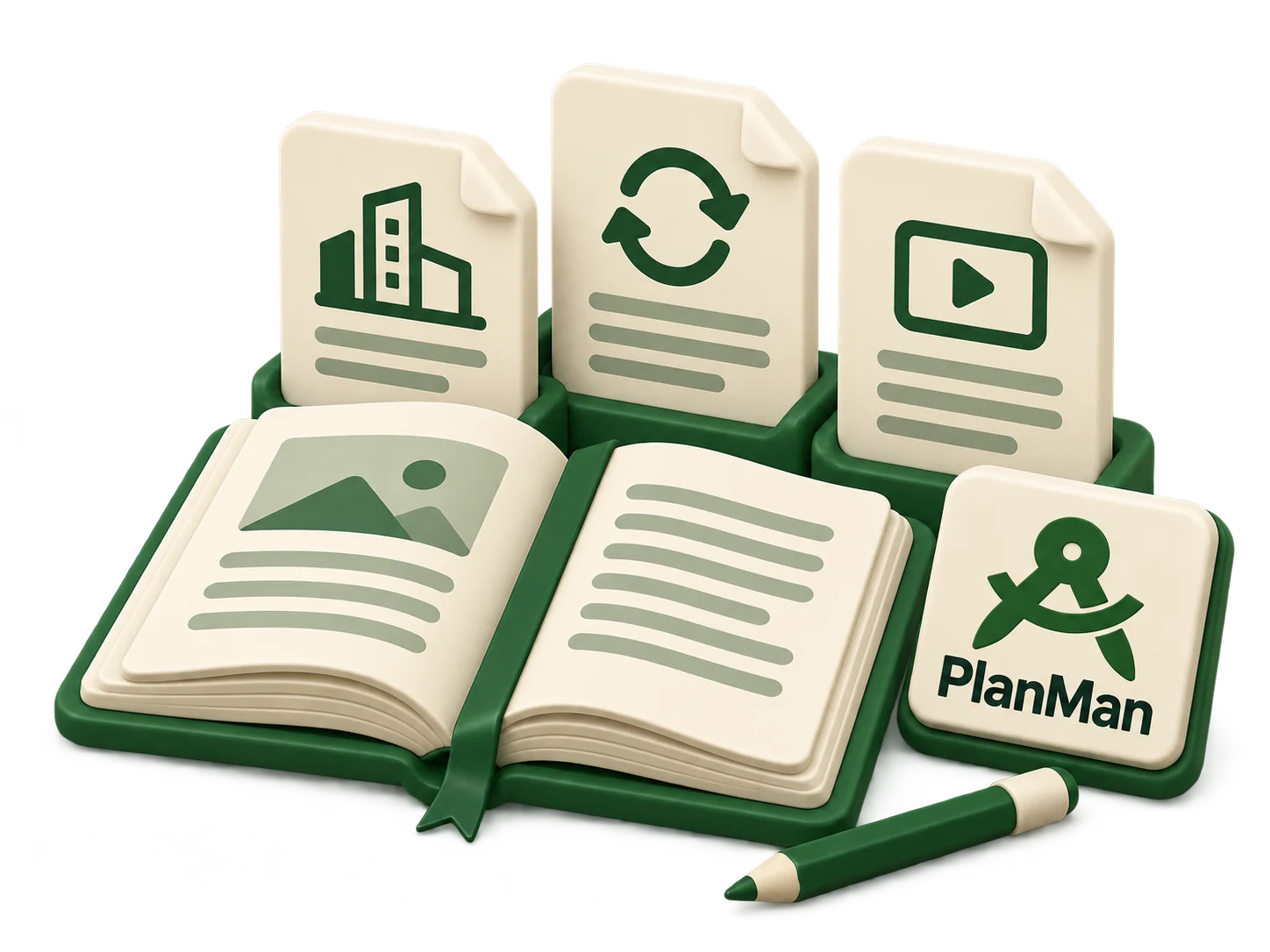 Open journal and article sheets for architecture advice, product updates and tutorials with PlanMan branding