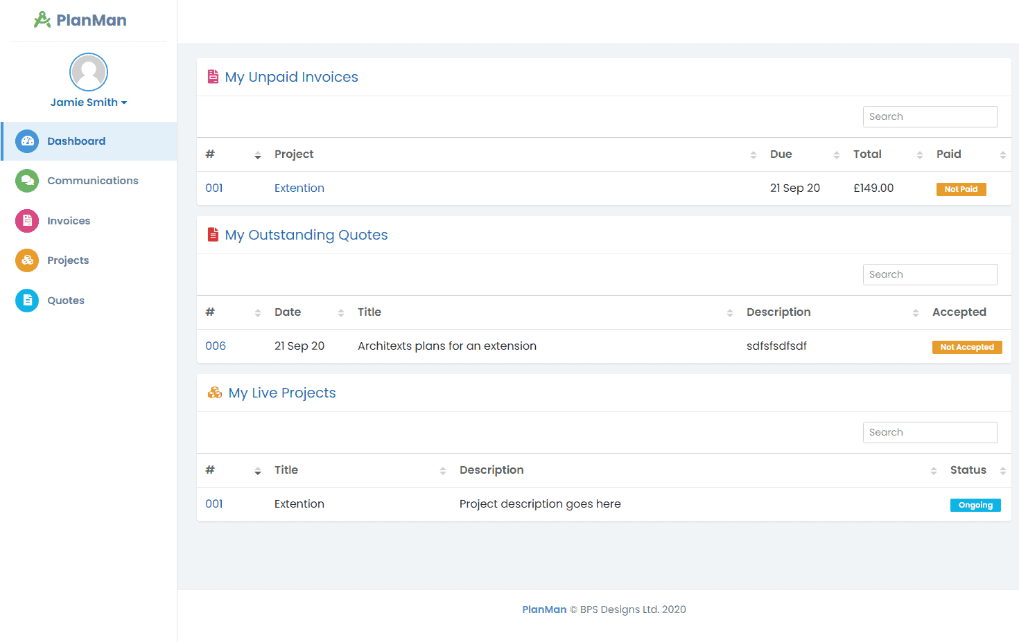 Client portal showing unpaid invoices, outstanding quotes and current projects