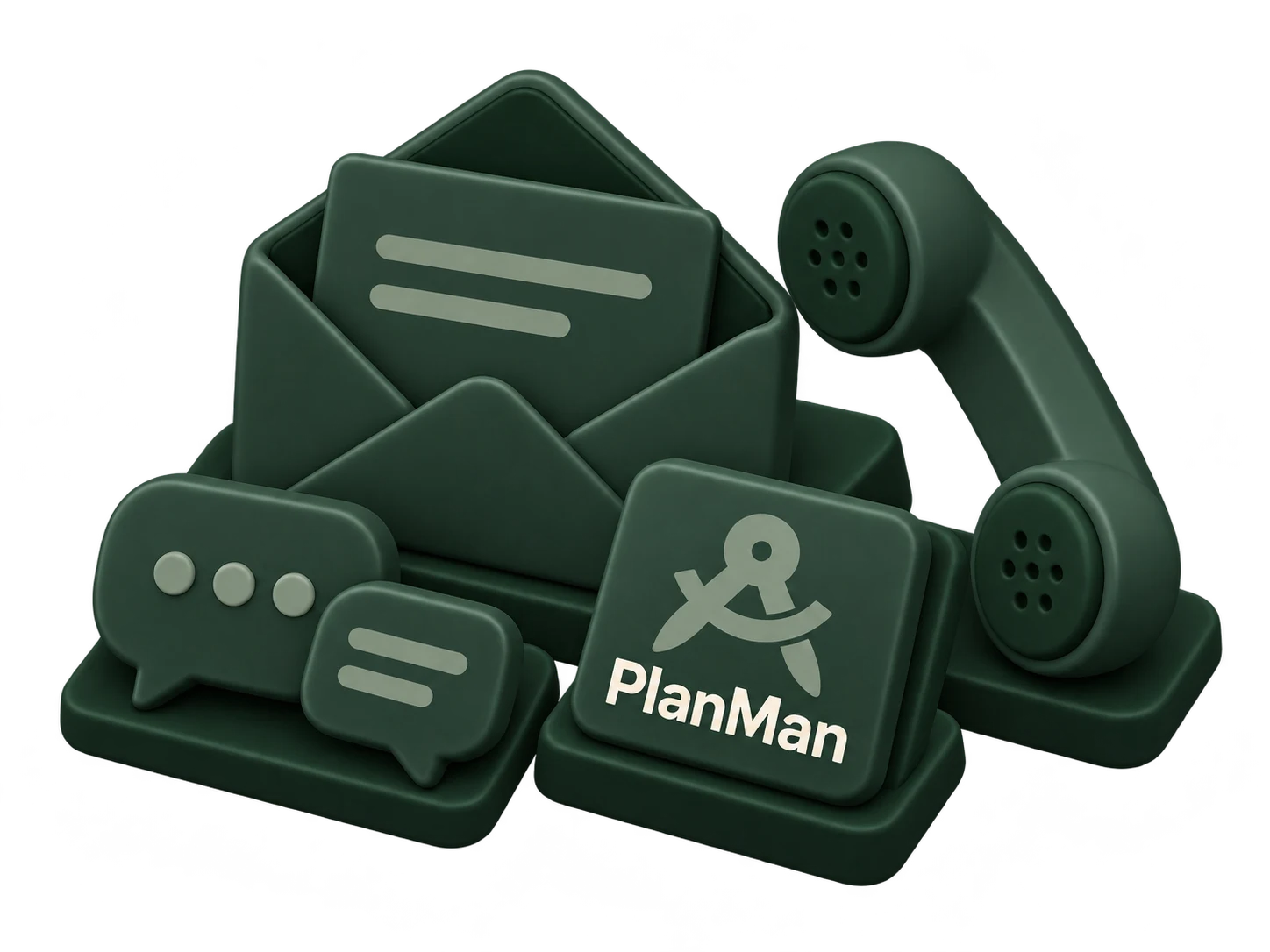 Envelope, telephone handset and conversation tiles with PlanMan branding