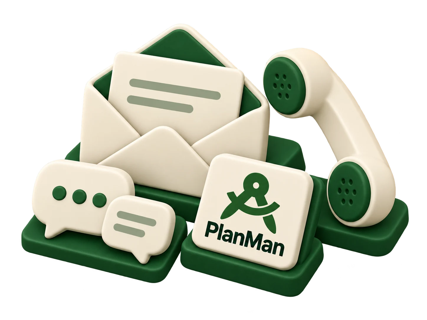 Envelope, telephone handset and conversation tiles with PlanMan branding