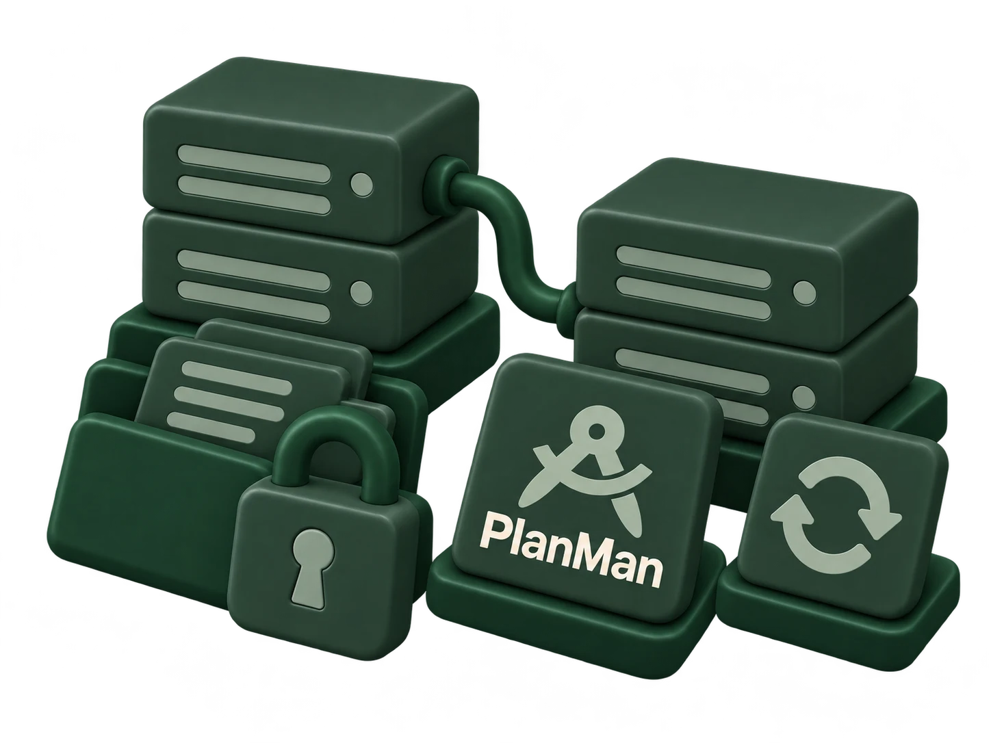 Connected storage servers, a locked document folder and backup arrows with PlanMan branding