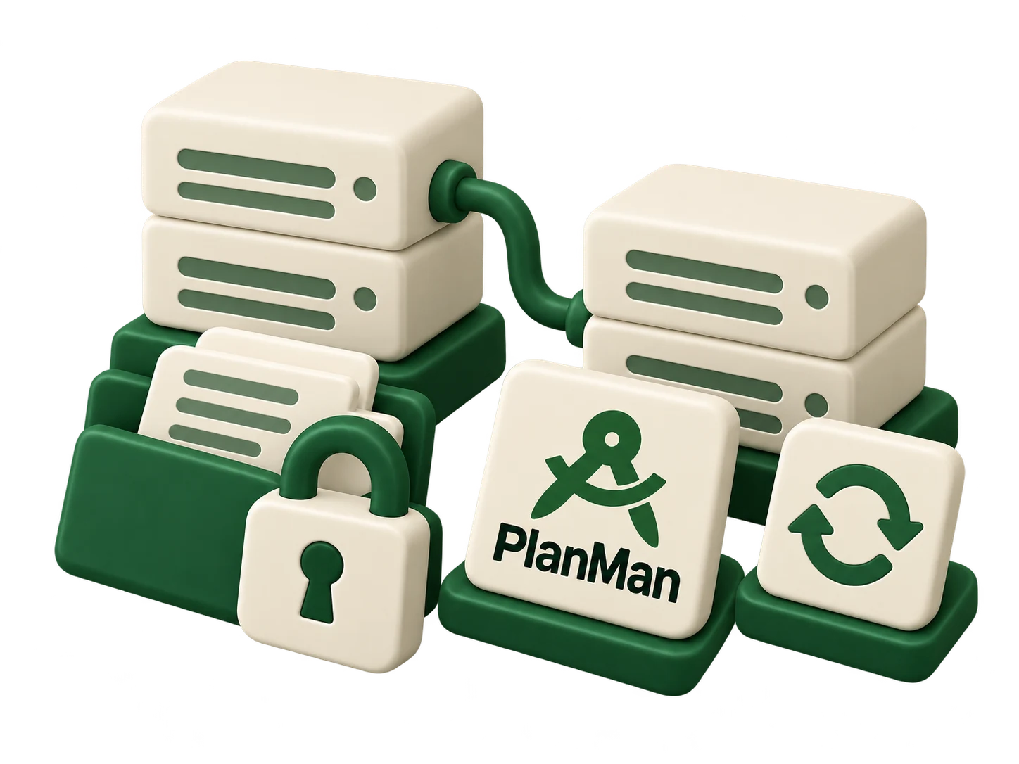 Connected storage servers, a locked document folder and backup arrows with PlanMan branding