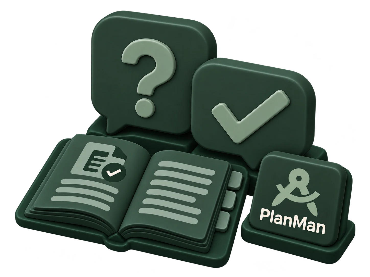 Question and answer speech bubbles with an open reference booklet and PlanMan branding