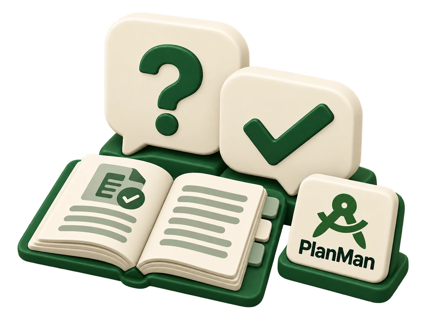 Question and answer speech bubbles with an open reference booklet and PlanMan branding