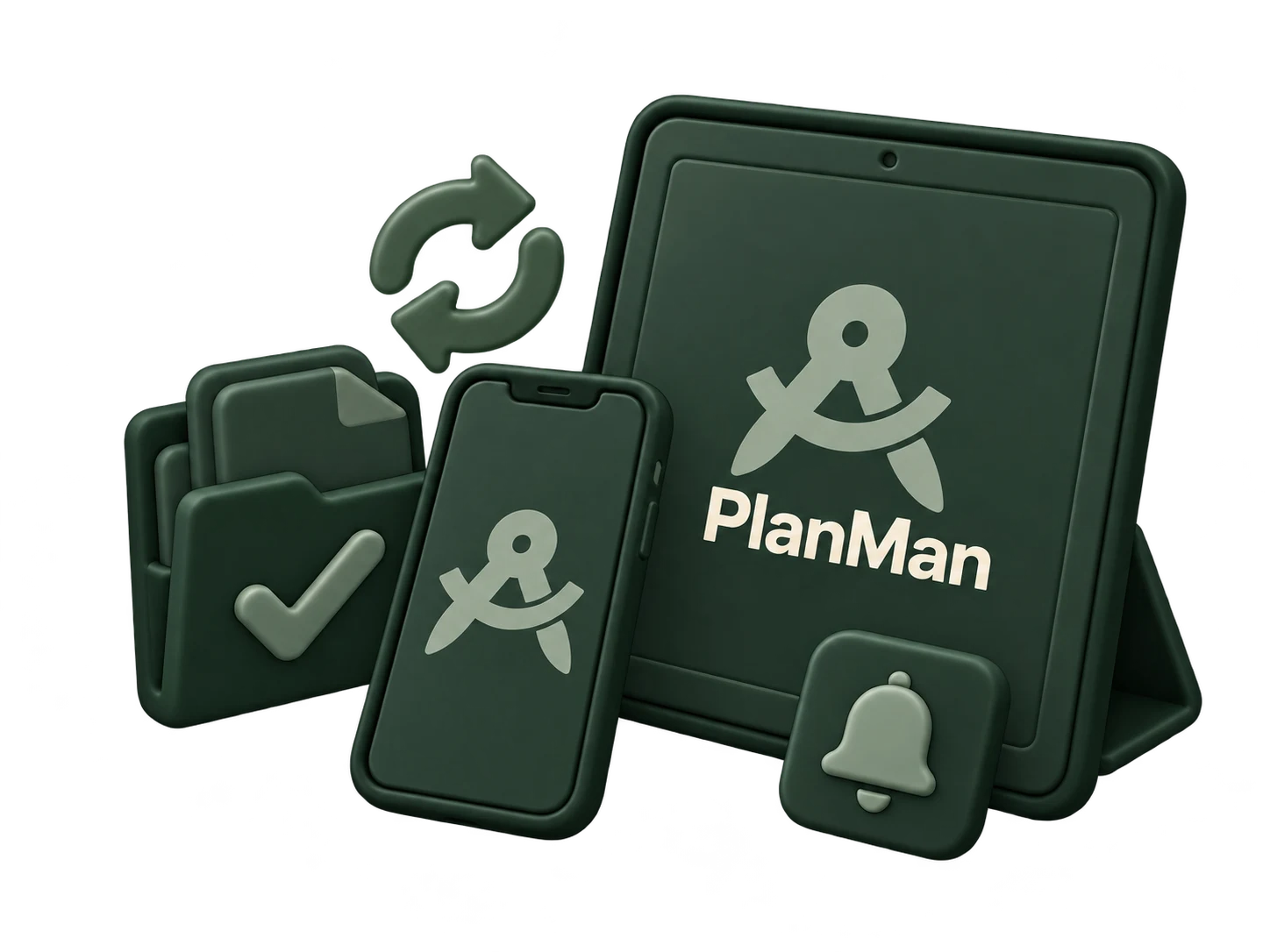PlanMan phone and tablet with project documents, sync arrows and a notification bell