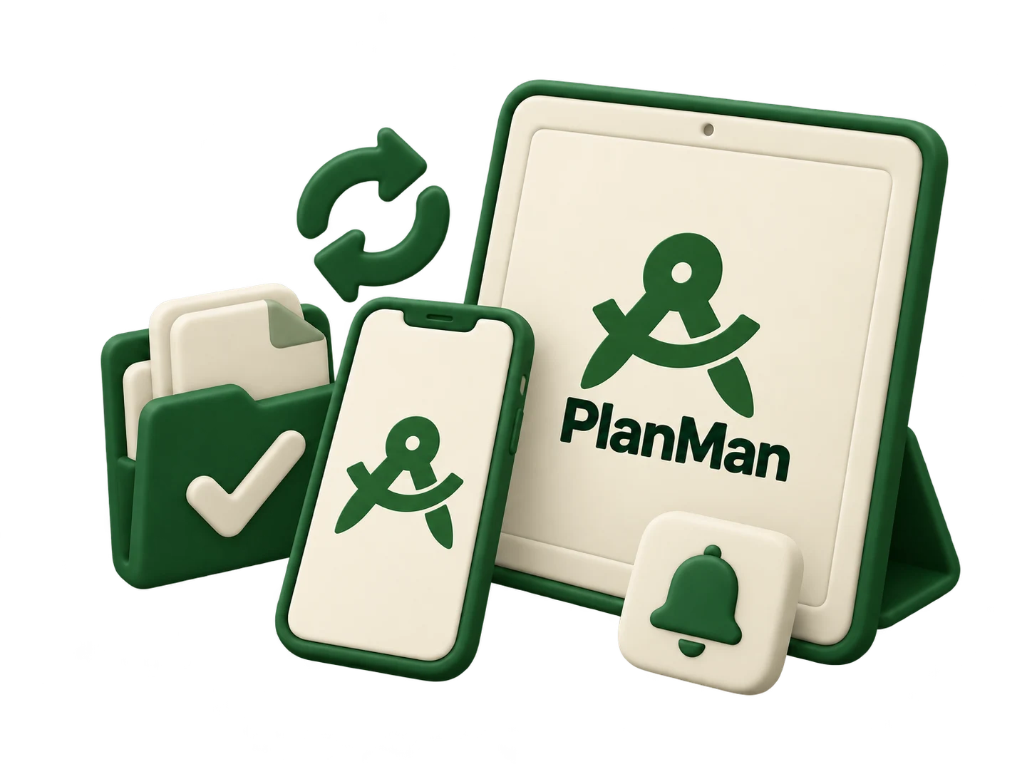 PlanMan phone and tablet with project documents, sync arrows and a notification bell