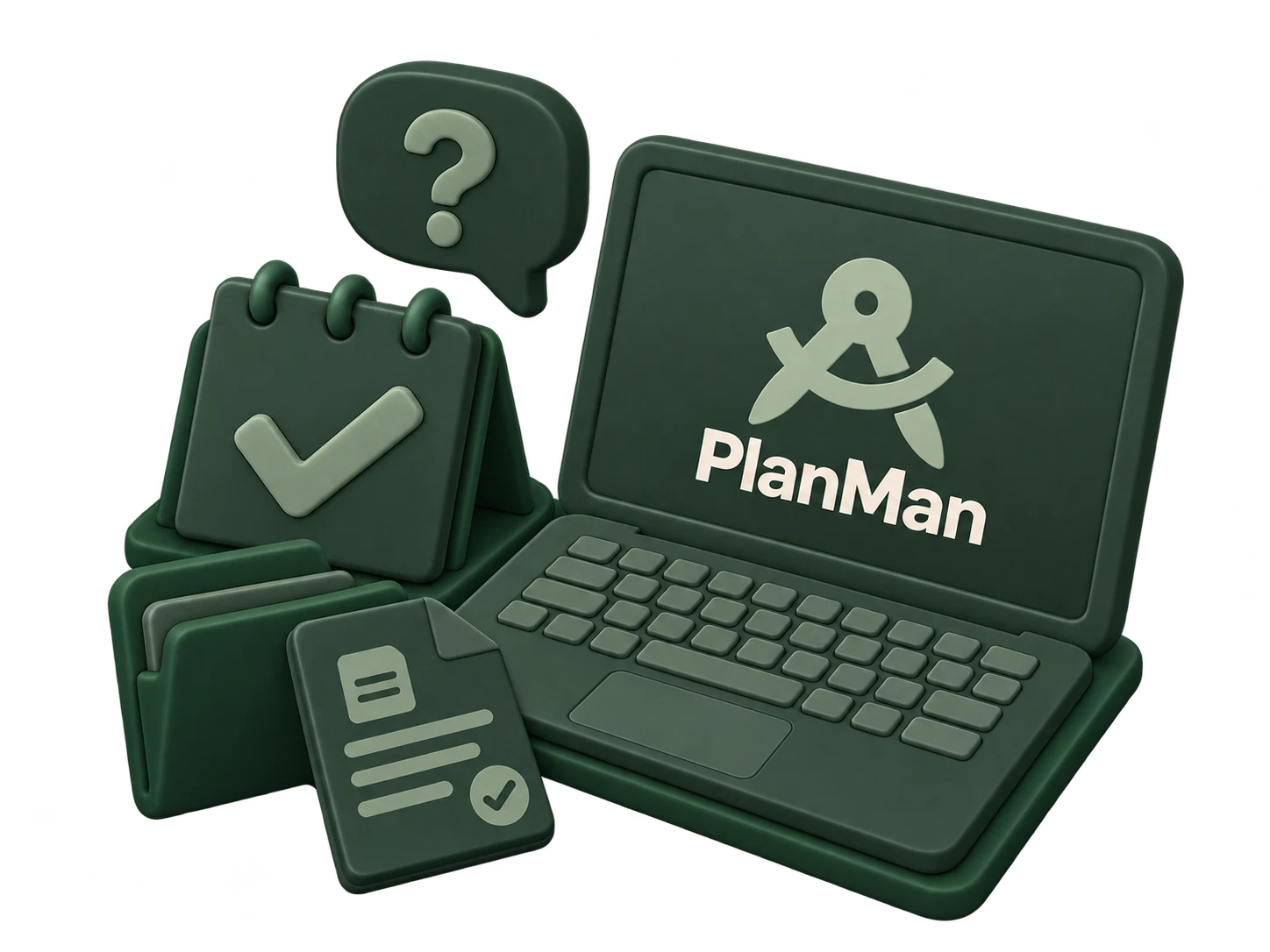 PlanMan laptop with a booking calendar, question bubble and project documents