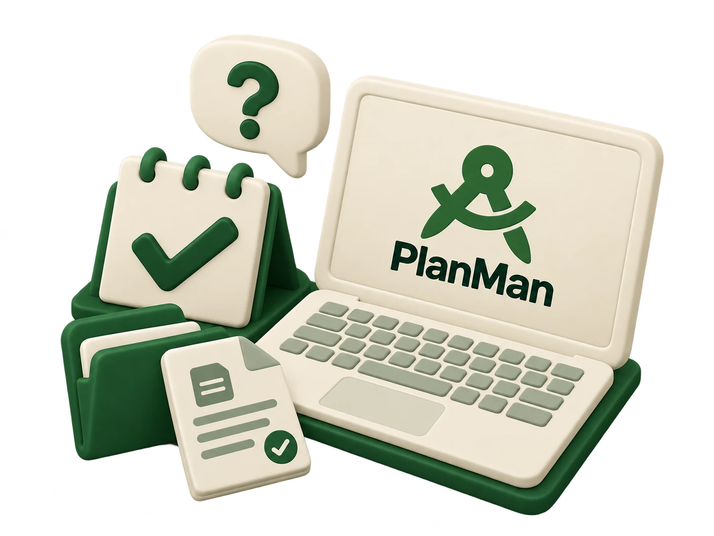 PlanMan laptop with a booking calendar, question bubble and project documents