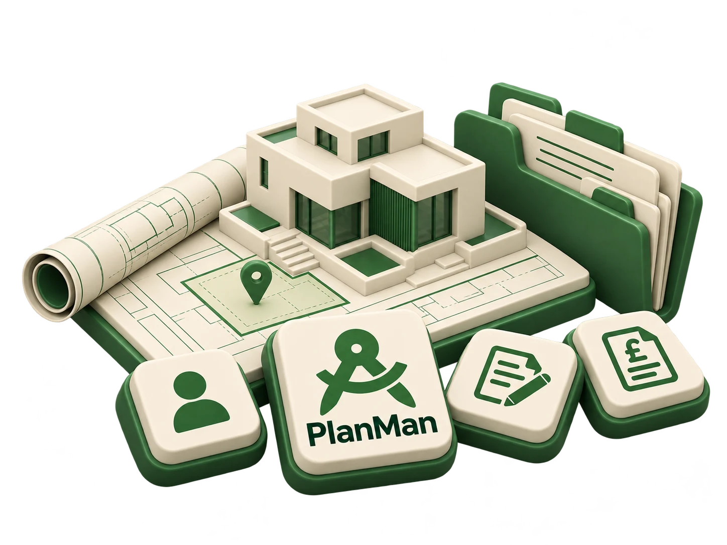 Architectural model, planning drawings, project files and client, quote and invoice symbols organised with PlanMan