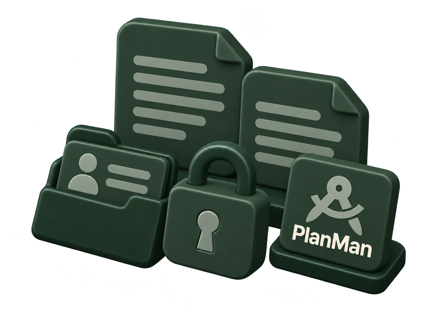 Privacy policy documents, a personal-record folder and a padlock with PlanMan branding
