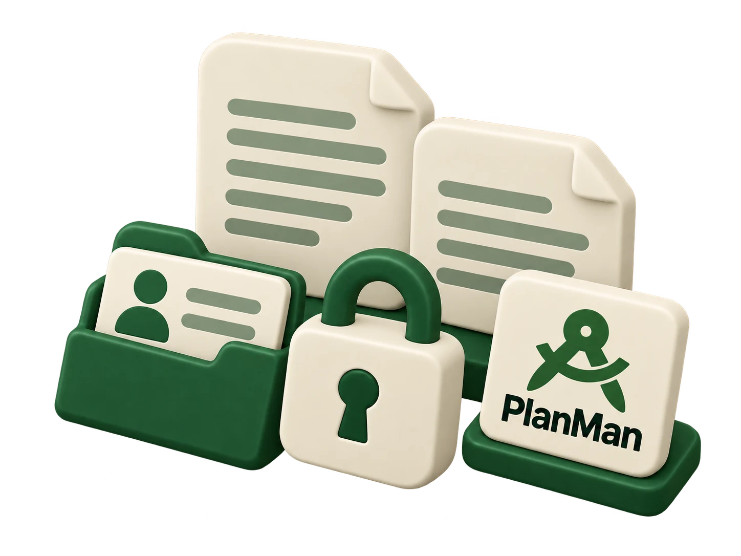 Privacy policy documents, a personal-record folder and a padlock with PlanMan branding