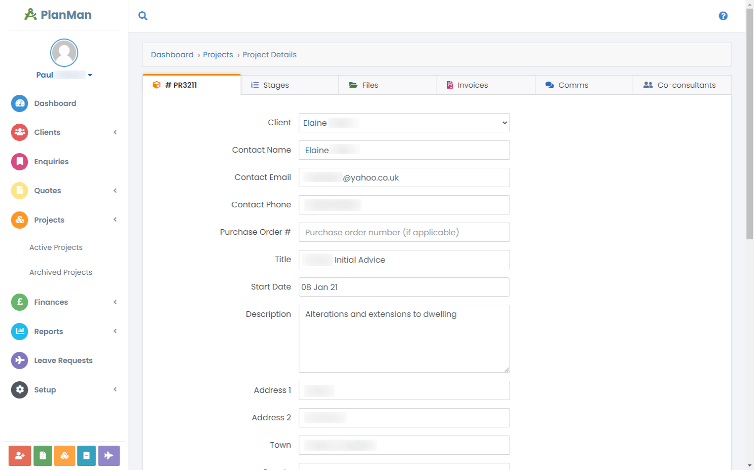 PlanMan project screen with tabs for stages, files, invoices and communications