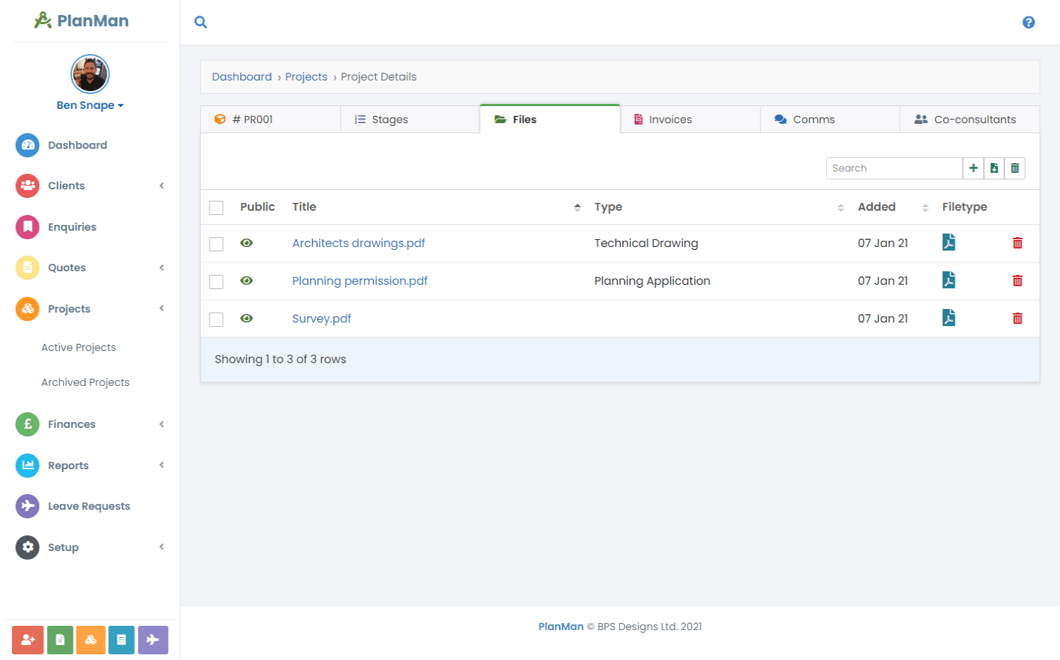 Project files organised by document type in PlanMan
