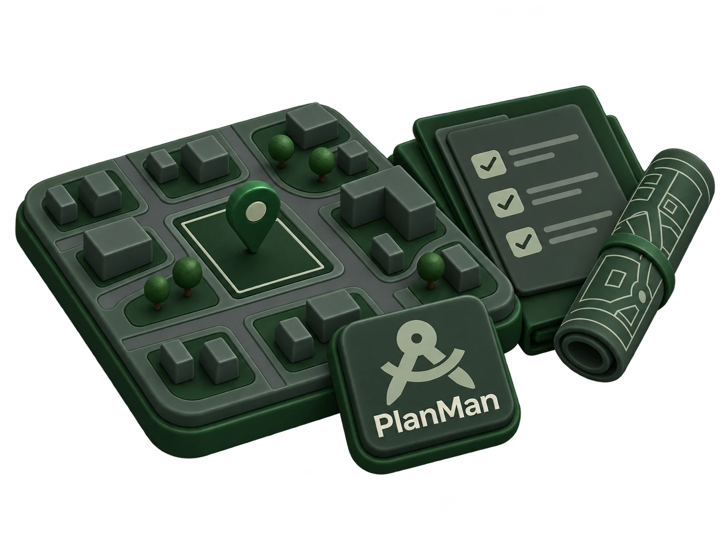 Neighbourhood planning model with a marked development site, planning application and PlanMan branding