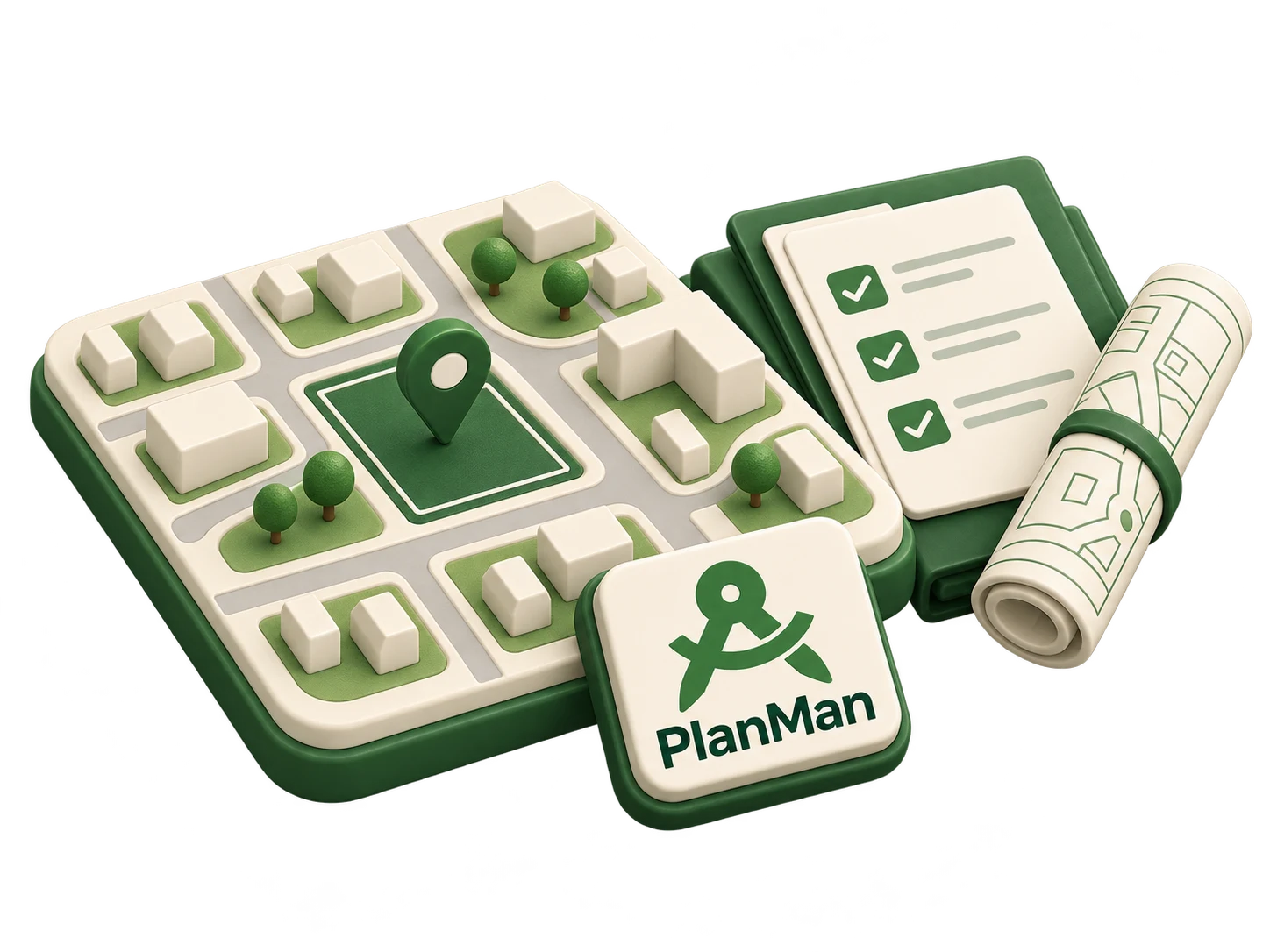 Neighbourhood planning model with a marked development site, planning application and PlanMan branding