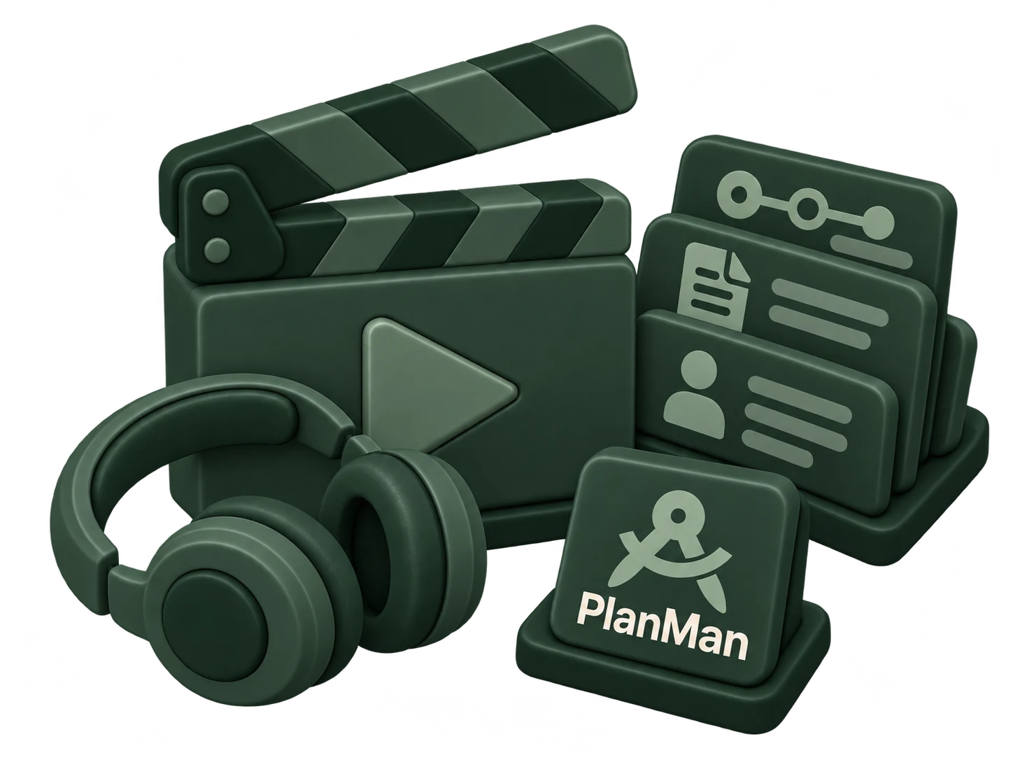 Video clapperboard, headphones and lesson cards with PlanMan branding
