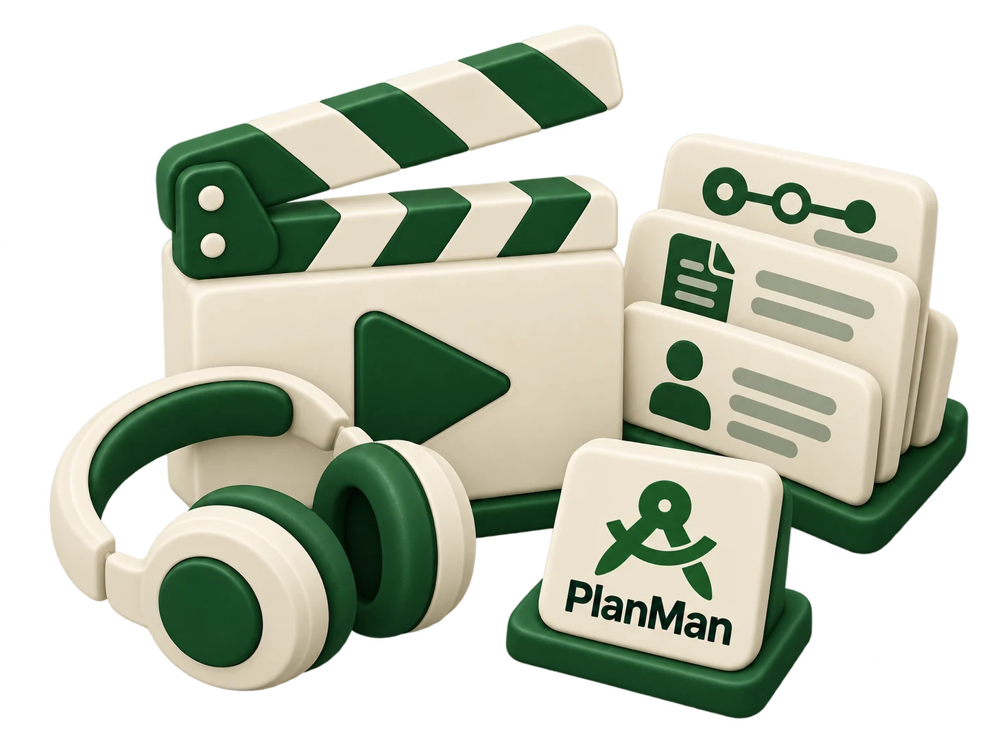 Video clapperboard, headphones and lesson cards with PlanMan branding