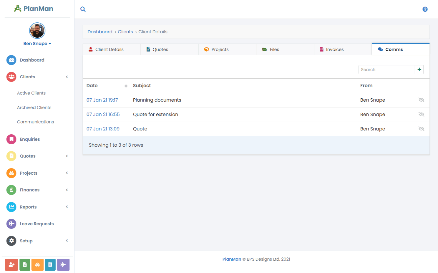 Client emails kept with their PlanMan record