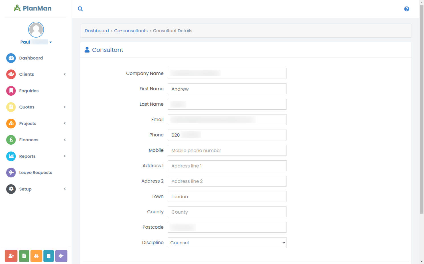 Co-consultant contact and project details in PlanMan
