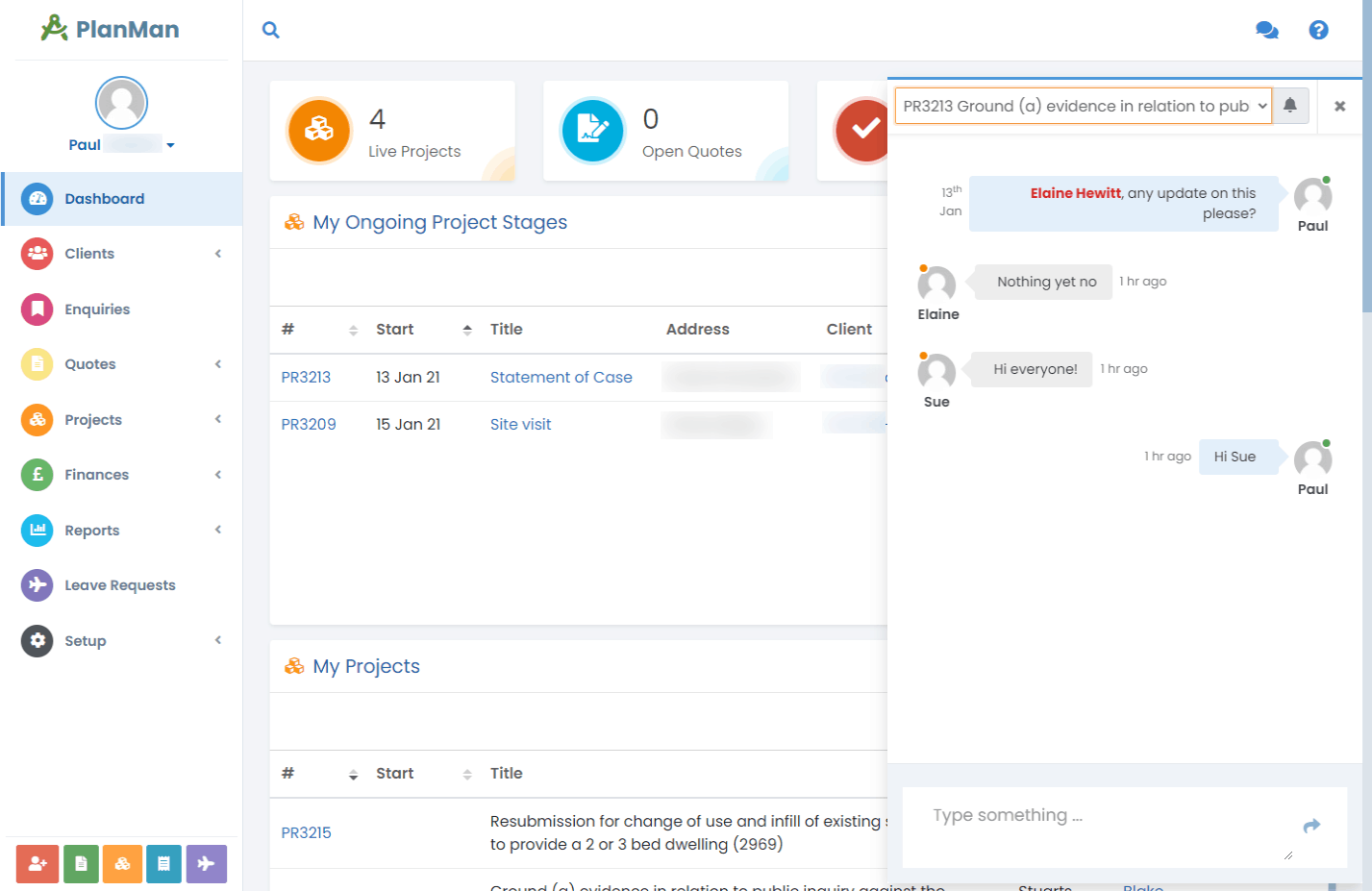 Project chat messages between team members in PlanMan