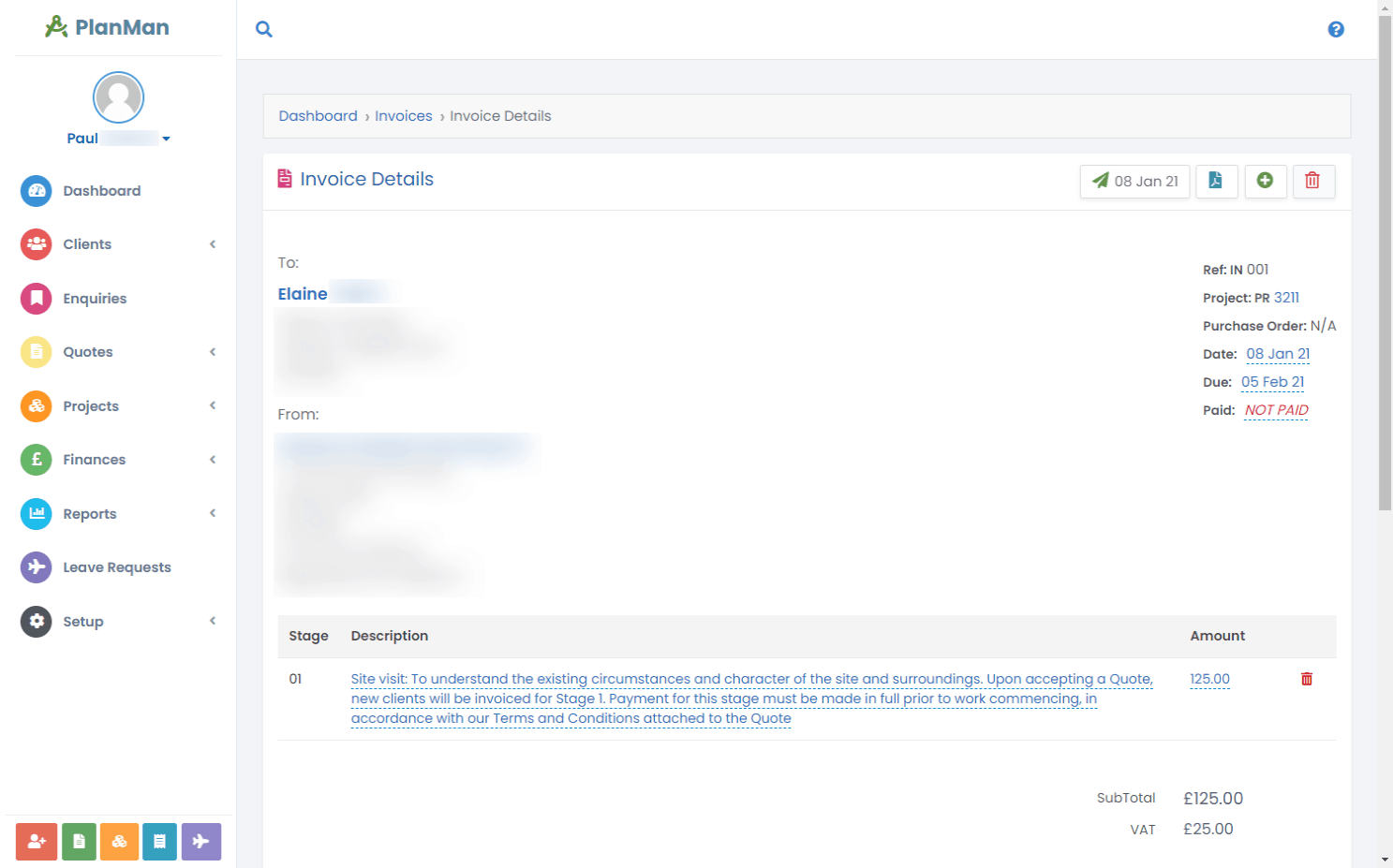 An invoice and payment details in PlanMan