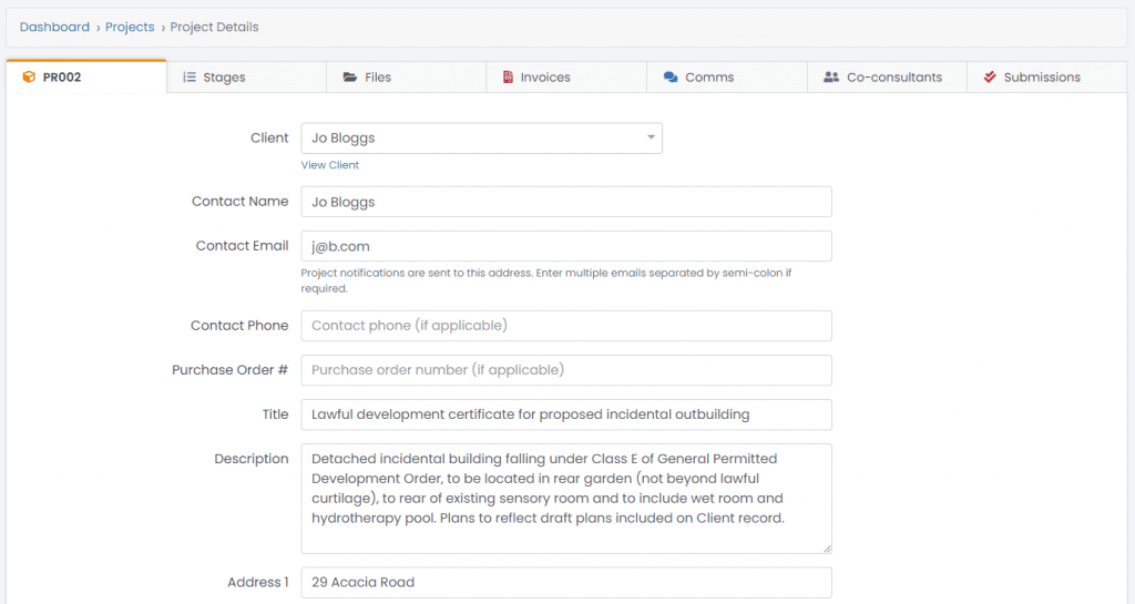 project details showing documents and relevant information