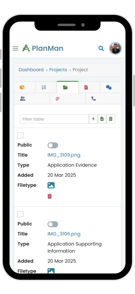 Enlarge the project documents screen in the PlanMan mobile app